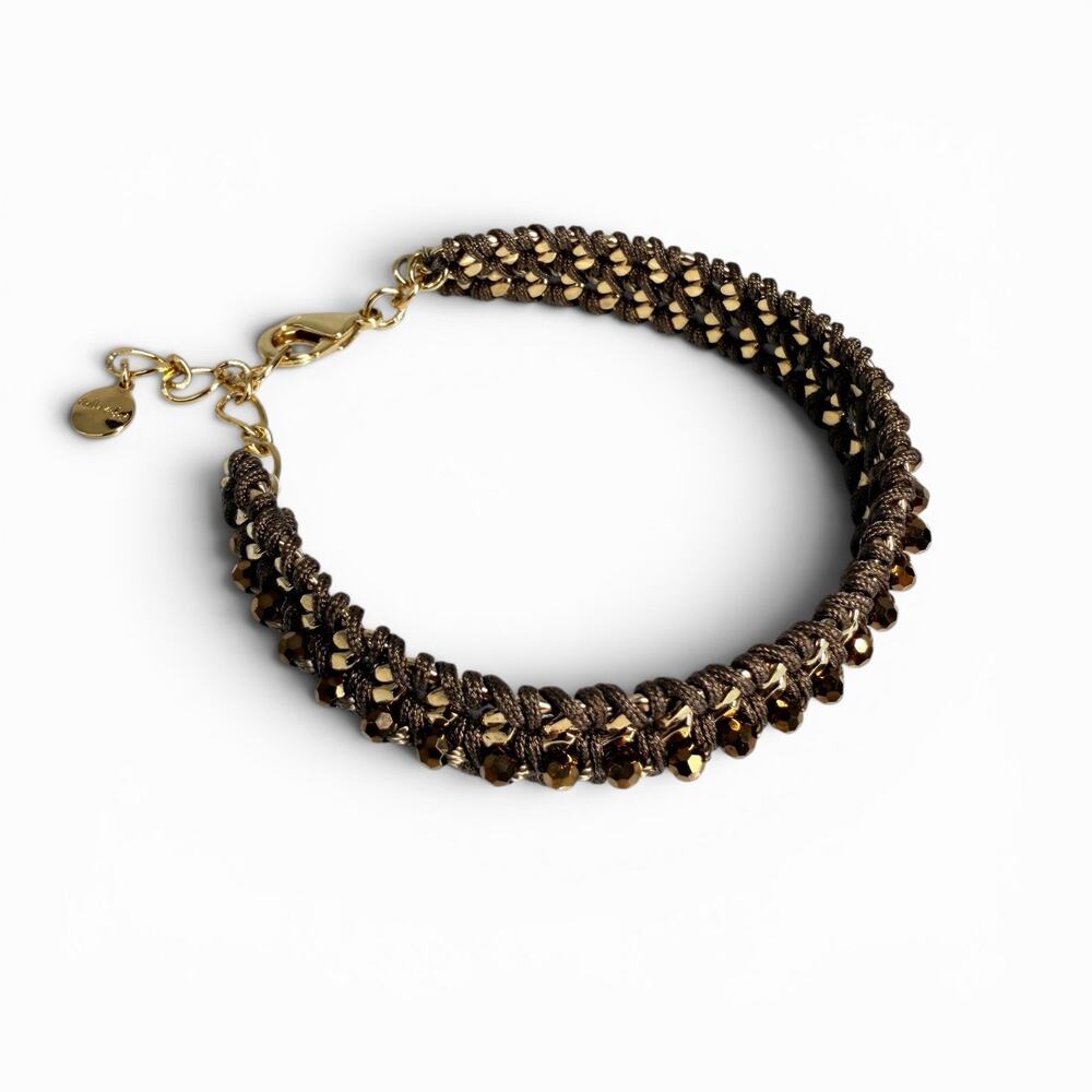 Stella & Dot Nina Woven Beaded Bracelet Gold Tone Brown Macrame Boho